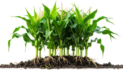 A cluster of healthy corn plants with exposed roots and green leaves, growing in soil
