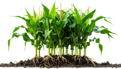 A cluster of healthy corn plants with exposed roots and green leaves, growing in soil
