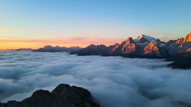 Slow aerial drone shot rising above a breathtaking cloud inversion covering rugged mountain peaks at dawn mist, serene, environment