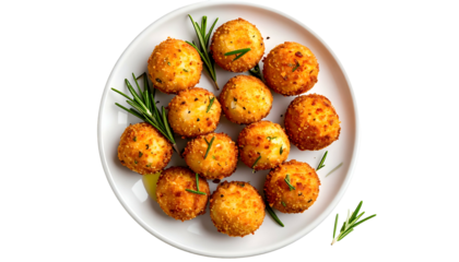 Overhead view of golden-brown, spherical appetizers garnished with herbs on a white plate