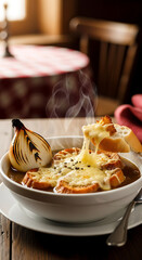 A steaming bowl of classic French onion soup topped with melted cheese and croutons, served with a side of bread.