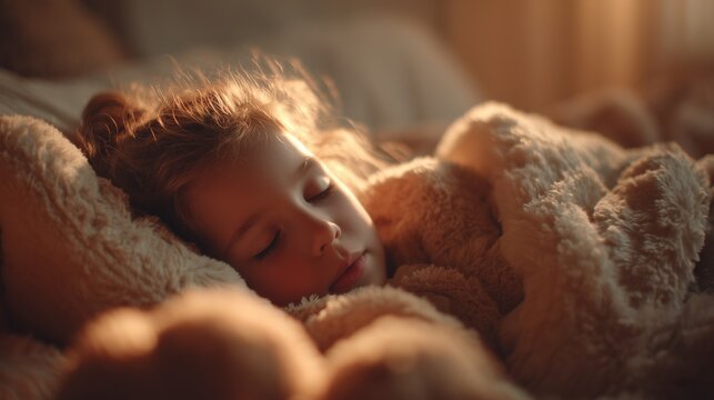 Hair peeks out from beneath a soft blanket, as the blanket creates a warm cocoon around the hair. The morning light glows softly over the blanket and the hair.