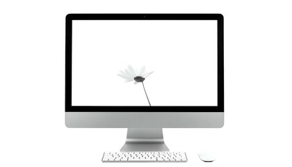 A silver all-in-one desktop computer displaying a monochrome flower on its bright screen