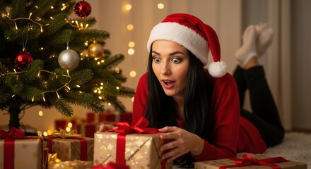 Surprised young woman in a santa hat looking at a christmas gift. Excited girl lying on the floor by a decorated tree during the holiday season