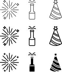 Festive Party Icons with Fireworks and Celebration Hats