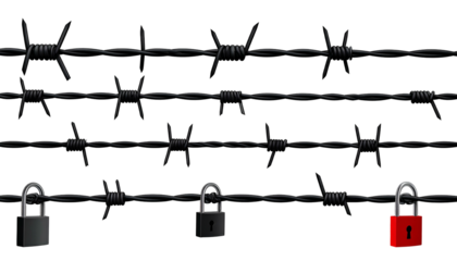 Dark background with rows of black barbed wire and three padlocks; two black and one red