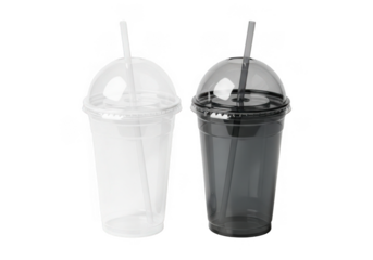 Two clear plastic smoothie cups with domed lids and straws isolated on transparent background