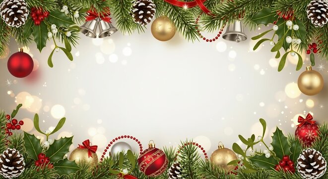 Christmas background with a festive border of fir branches and traditional decorations. Holiday frame with ornaments, pinecones, and holly for a greeting card or banner with copy space