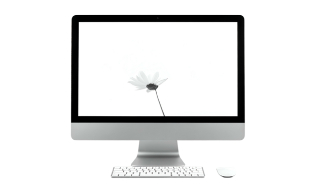A silver all-in-one desktop computer displaying a monochrome flower on its bright screen - Powered by Adobe
