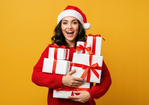 Happy young woman in a Santa hat holding a stack of Christmas gifts. Excited smiling girl with presents on a yellow background. Holiday celebration concept with copy space
