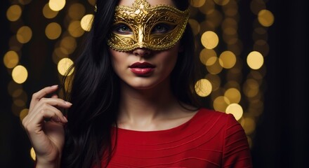 Mysterious woman wearing an elegant gold venetian mask at a party. Festive portrait for Christmas or New Year's Eve celebration. Glamorous lady in a red dress against a bokeh lights background