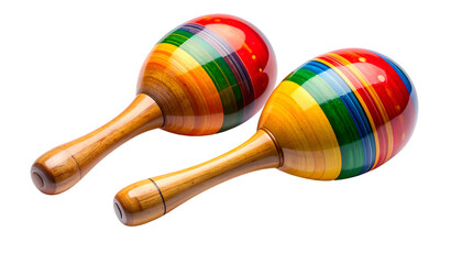 Pair of colorful, wooden maracas with striped spheres and long, smooth handles, isolated on black