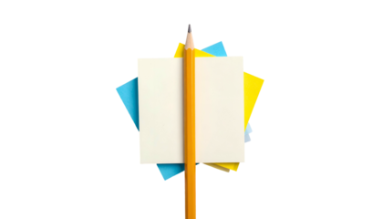 A pencil pierces colorful sticky notes against a black background, creating a centered composition
