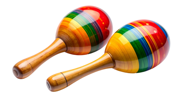 Pair of colorful, wooden maracas with striped spheres and long, smooth handles, isolated on black