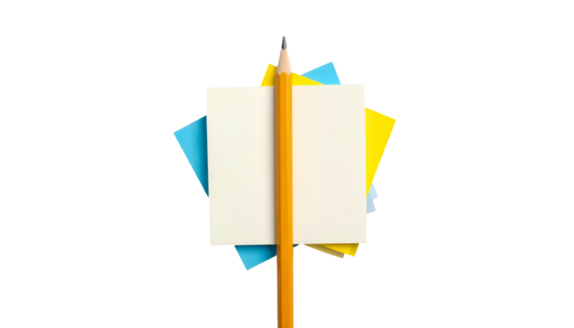 A pencil pierces colorful sticky notes against a black background, creating a centered composition