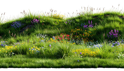 Lush green hillside ablaze with wildflowers, grasses, and varying plant species