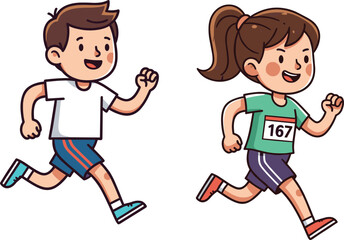 Cartoon boy and girl running in race, wearing sportswear and bib number, energetic kids activity illustration, dynamic vector design for fitness themes