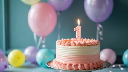 First birthday cake with candle and balloons celebrating a special milestone childhood event