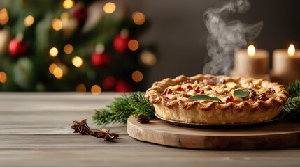 Holiday cheer a steaming christmas pie served on a festive table cozy atmosphere intimate setting