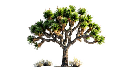 A Joshua tree with spiky green leaves and a textured trunk against a dark background