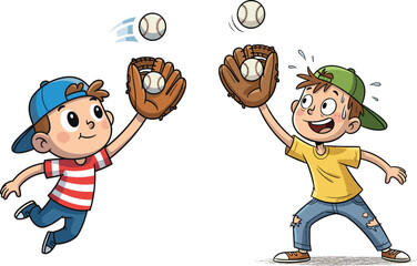 Cartoon boys catching baseballs with gloves, jumping action pose, outdoor play, sports outfit, expressive character design, vector illustration for kids
