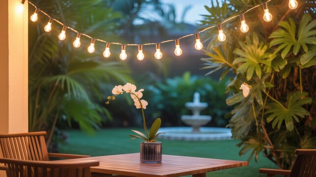 Wooden table with orchid and string lights on outdoor terrace at dusk with fountain patio garden - Powered by Adobe