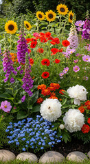 A vibrant garden scene showcasing a variety of colorful flowers, including sunflowers and foxgloves.