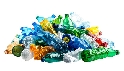 A mountain of crumpled plastic bottles of various colors, isolated on a black background