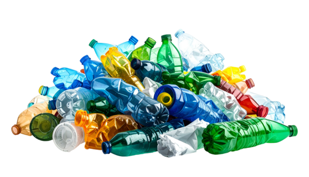 A mountain of crumpled plastic bottles of various colors, isolated on a black background
