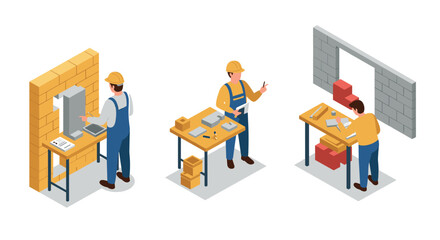 Fototapeta premium Isometric construction workers: bricklaying and planning in action