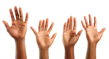 Four dark-skinned hands raised in the air, palms facing forward