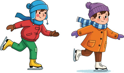 Cartoon children ice skating in winter clothes, joyful poses with lifted legs and colorful outfits, vector illustration for fun, seasonal activity, movement