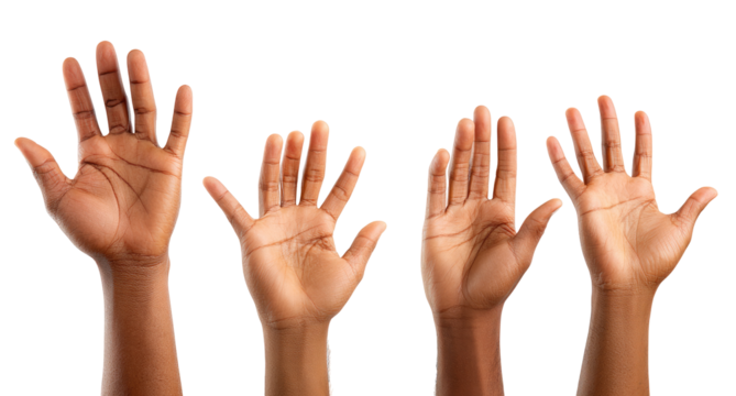 Four dark-skinned hands raised in the air, palms facing forward