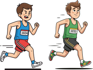 Cartoon runners in race motion, wearing athletic gear and bib numbers, dynamic sports illustration for kids, vector design, competitive running characters