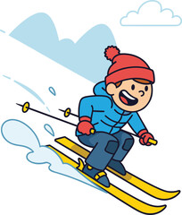 Cartoon skier racing downhill on snowy slope, wearing colorful winter gear, motion lines and snow spray, vector illustration for sports, action, excitement