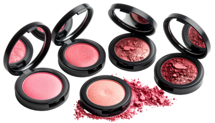 Makeup product set showcasing various pink and coral blush shades with individual mirrors