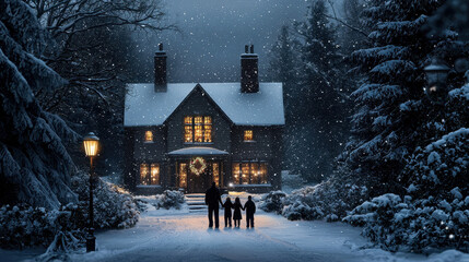 Winter family gathering singing christmas carols outside their home snowy evening heartwarming scene
