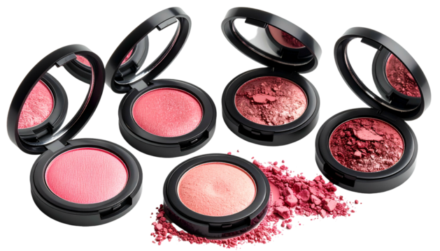 Makeup product set showcasing various pink and coral blush shades with individual mirrors
