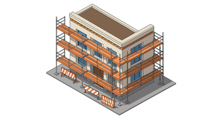 Obraz premium Isometric urban building under construction with scaffolding and barricades