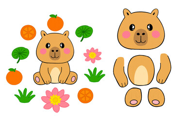 Cute hand-drawn illustration of a happy capybara with orange fruit, lotus flower, and green leaves. Colored pencil style.