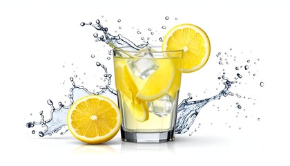 Glass of lemonade with lemon slices, ice, and water splash against white background