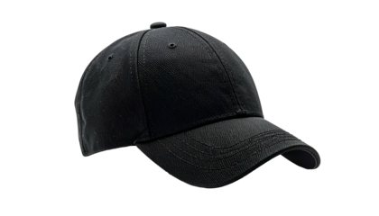 A simple, black baseball cap viewed from a side angle, casting a subtle shadow