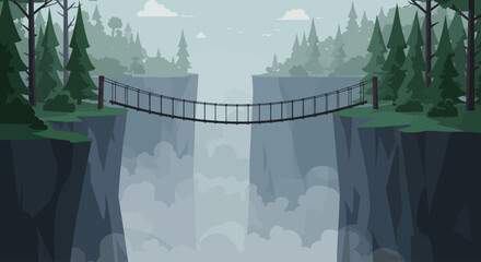 Fototapeta premium Suspended Rope Bridge Crossing a Deep Canyon in a Misty Forest Landscape