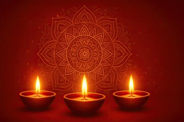 Three Glowing Diya Lamps with Mandala Pattern Background for Diwali Celebration, Elegant Deepavali Festival of Lights Design on Red Background
