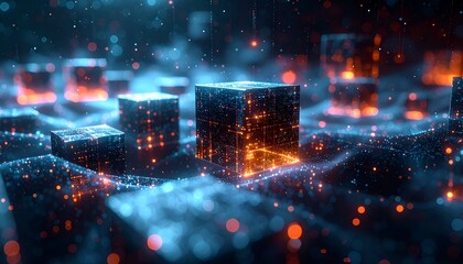 Glowing cubes embedded in a network of digital data on a dark, undulating surface