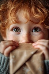 Close-up cute portrait of redheaded freckled happy child, 5–7 years. Caucasian boy, wide curious eyes in cozy sweater, holding gift. Warm light, shallow depth, indoor, kid emotion Christmas photo