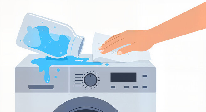 An illustration shows a hand cleaning spilled detergent on washing machine, a helpful graphic for articles on laundry tips and home safety.