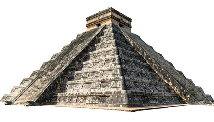 Ancient stone step pyramid with a flat top stands isolated against a black background