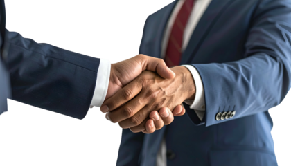 Close-up of two suited individuals shaking hands, focus on the gesture, signifying agreement