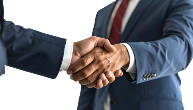 Close-up of two suited individuals shaking hands, focus on the gesture, signifying agreement